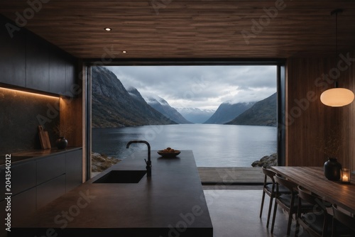 Modern kitchen interior with panoramic mountain and fjord view