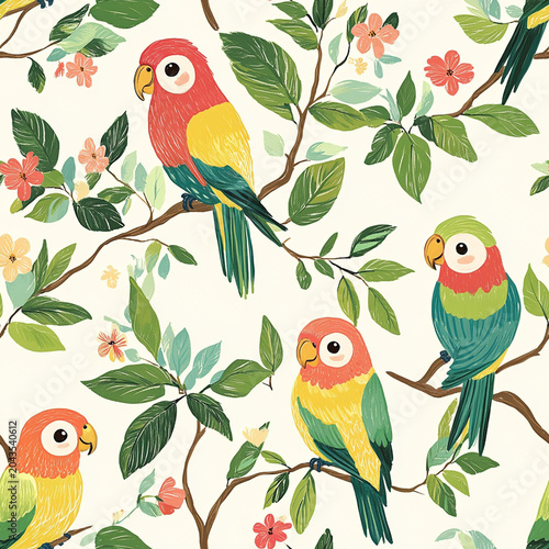 Colorful parrots resting in tropical foliage