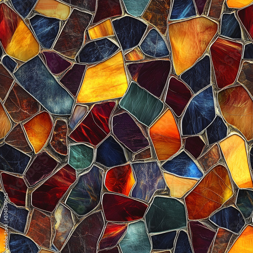 Intricate mosaic window design in vibrant colors
