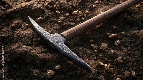 A pickaxe rests on rough earth strewn with nuggets