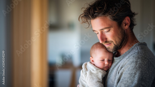 Father gently holding sleeping newborn baby. Parenthood, paternal bonding, infant care, family love, tenderness and early childhood concept.