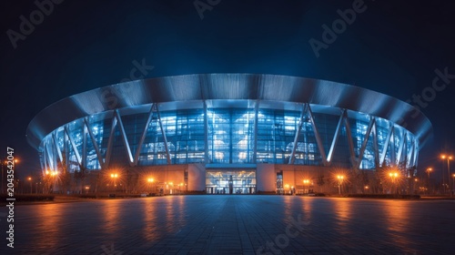 Illuminated Sports Stadium at Night with Dramatic Architecture in a Modern Urban Landscape