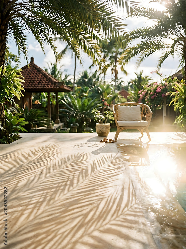 Fototapeta premium Tropical Resort Patio with Lounge Chair and Palm Shadows