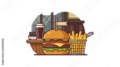 Konstfotografi A delicious cheeseburger served with a side of golden french fries and a cold dark beer