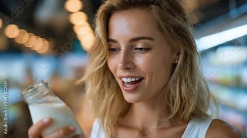 Smiling woman holding a bottle of milk in a supermarket, grocery shopping lifestyle and healthy nutrition.