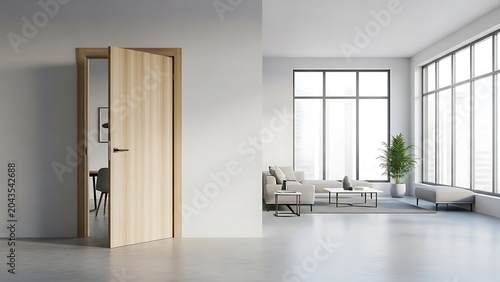 Modern minimalist interior with open wooden door and spacious living room