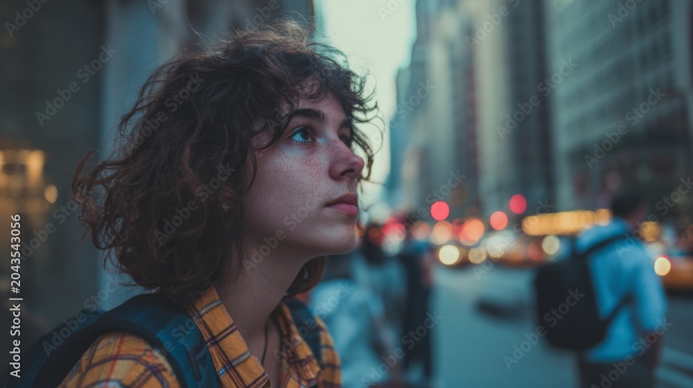 Fototapeta premium Thoughtful Young Person in Urban Setting Contemplating Life Moments in a Bustling City Scene