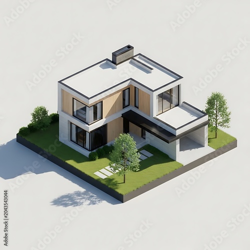Modern Minimalist Two-Story Isometric House with Garden 3D Render