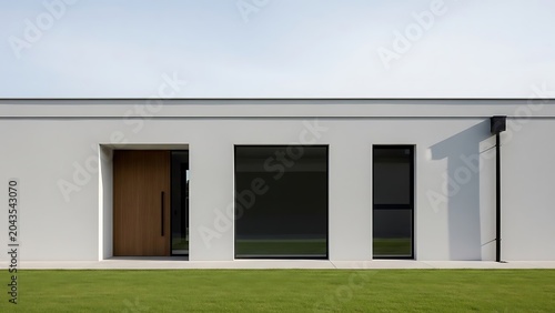 Modern minimalist white house exterior facade with wooden door and green lawn