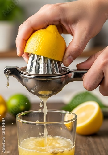 Person Squeezing Fresh Lemon Juice into a Glass with Metal Juicer