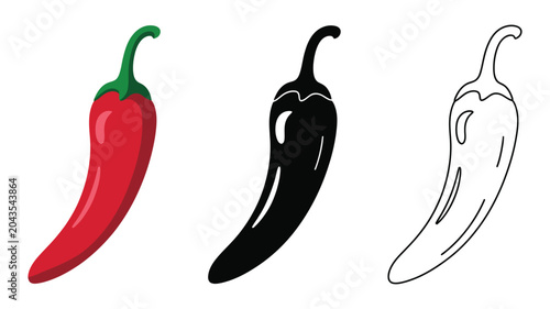 Fotografía Red Chili Pepper Black Silhouette with Line Art Detail on White Background, Mini