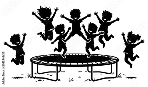 Children jumping on trampoline silhouette illustration