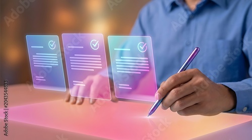 Professional Writing Notes with Holographic Digital Interface Panels in Pink Setting