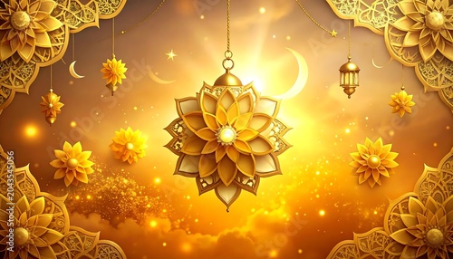 Glowing Golden Floral Mandala Hanging in Ornate Festive Night Sky Background