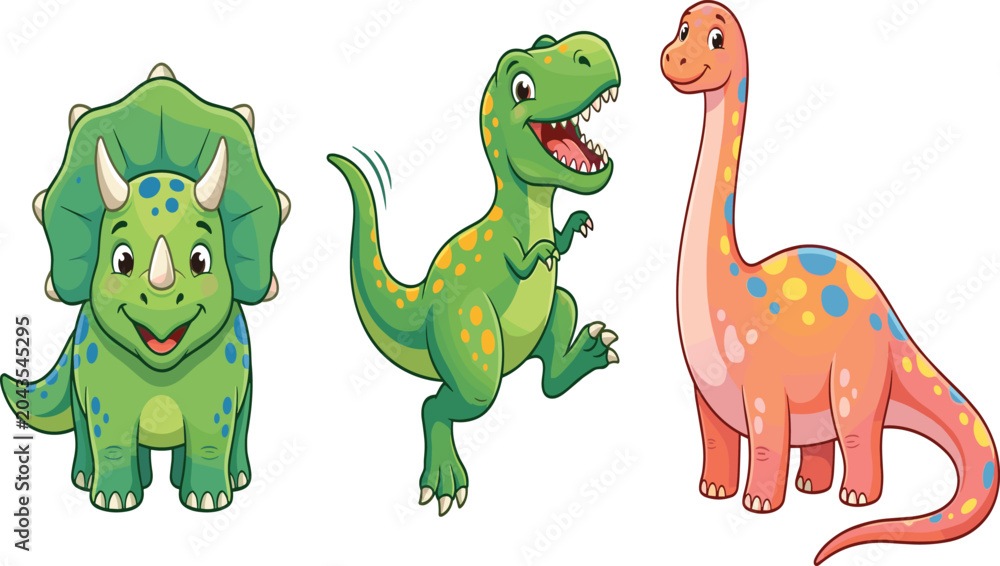 Naklejka premium Cute Cartoon Baby Dinosaur Set – Adorable Triceratops, T-Rex and Brachiosaurus Characters Collection