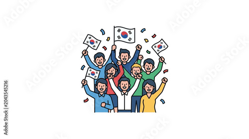 Fotografi A diverse group of happy people celebrating while waving South Korean flags