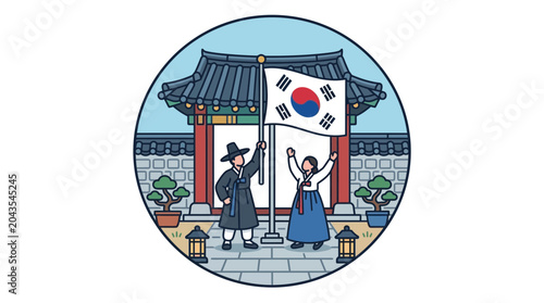 Cuadro en lienzo A man and a woman in traditional Korean clothing raising the national flag