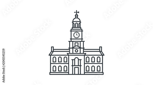 Foto Minimalist line art illustration of a classic town hall building with a clock tower