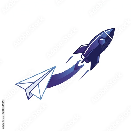 Minimalist blue rocket icon launching with smoke trail line art