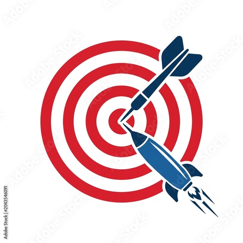 Dart hitting bullseye on red and white target icon isolated on white