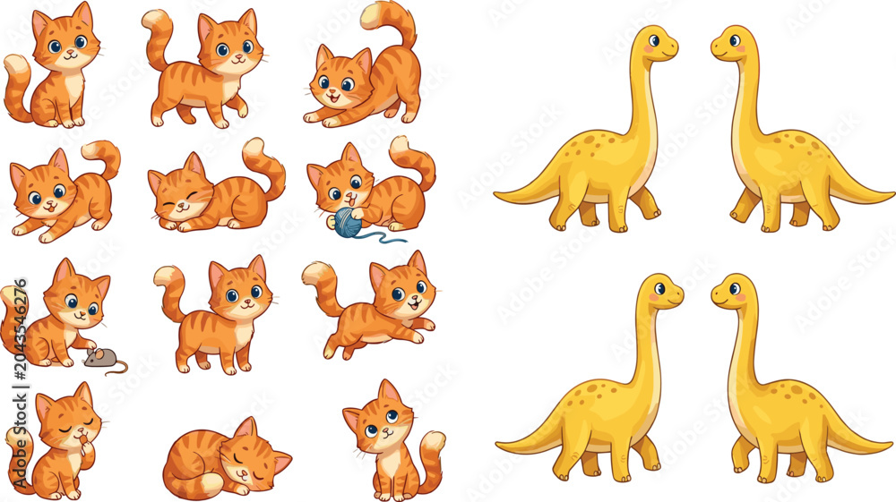 Obraz premium Cute Cartoon Kitten and Dinosaur Set – Adorable Orange Cat and Brachiosaurus Characters Collection