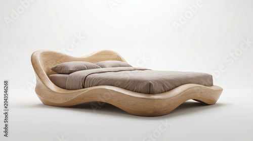 Modern wave shaped wooden bed with beige bedding and pillows on white background new trending high quality furniture