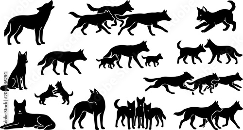 Schilderij op canvas Wolf Pack Wildlife Animal Black Silhouette Set Vector Nature Predator Illustrati