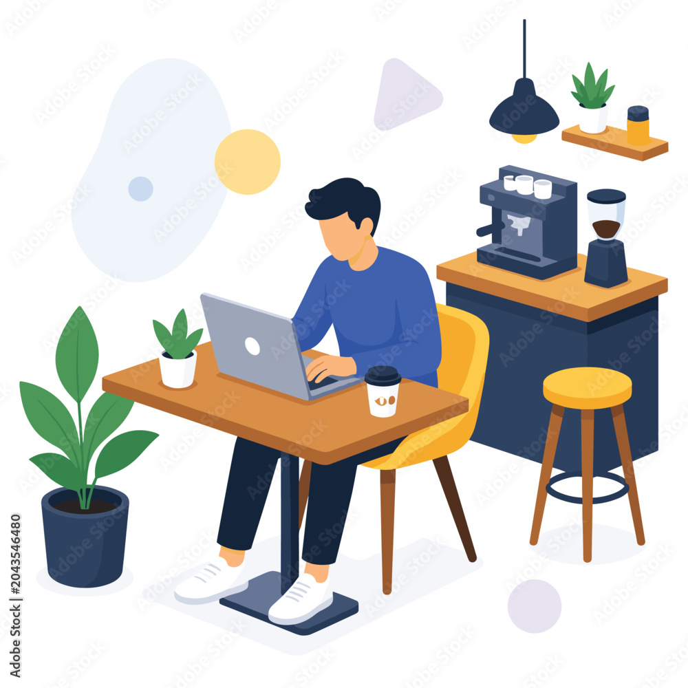 Fototapeta premium Young Man Working on Laptop at Wooden Desk Surrounded by Plants in Cozy Coffee Shop Atmosphere