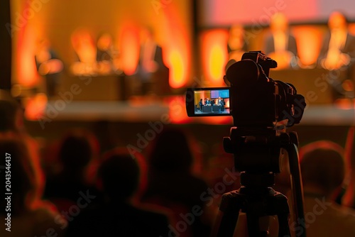 Video camera records a panel discussion on a brightly lit stage