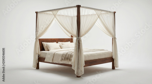 Elegant four-poster bed with white curtains and bedding on a plain background for interior design and home decor inspiration