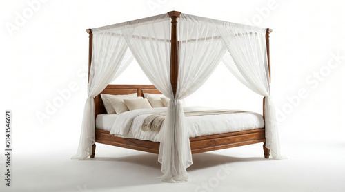 Elegant four-poster bed with white canopy and crisp bedding in a serene setting for interior design inspiration
