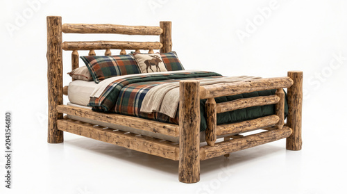 Rustic wooden bed with plaid bedding and moose pillow in a cozy cabin style