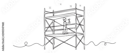 Continuous line art vector illustration of a professional construction worker on a metal scaffolding structure, representing industrial growth and development concept