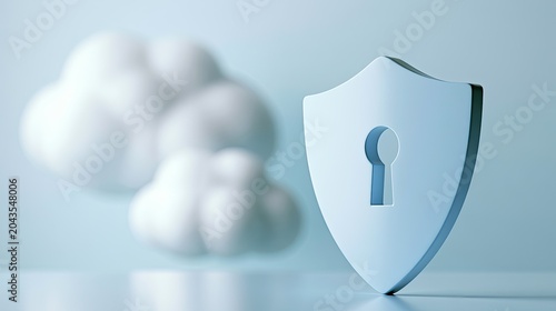 A light blue shield with a keyhole stands before soft, white clouds