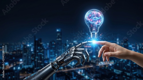 Ai and human collaboration futuristic cityscape digital art nighttime perspective