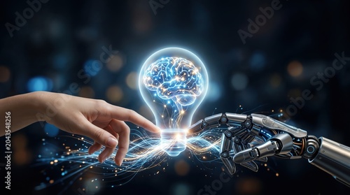 Merging human intelligence and ai technology in a futuristic setting digital art concept