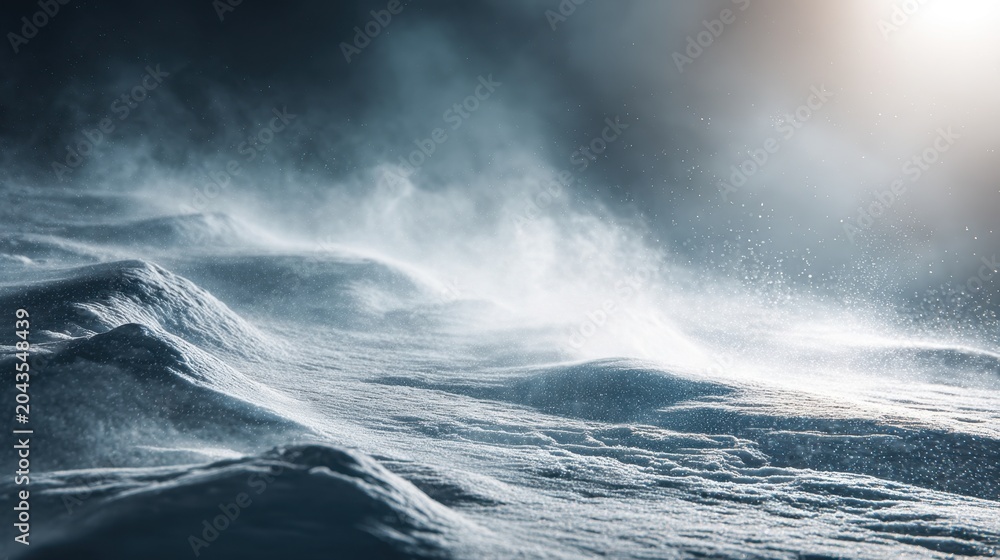 Obraz premium Serene Snowy Landscape with Wind Blowing Over Dunes Illuminated by Soft Light in a Chilly Environment