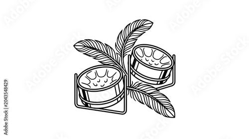 Foto Line art illustration of two steel pan drums decorated with tropical palm leaves