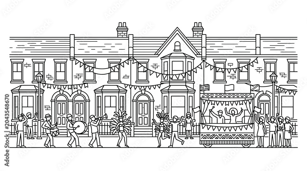 Fototapeta premium A lively street parade celebration featuring musicians and dancers in front of houses.