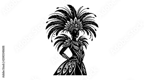 Fotografi A black and white illustration of a carnival dancer wearing an elaborate feathered headdress and costume
