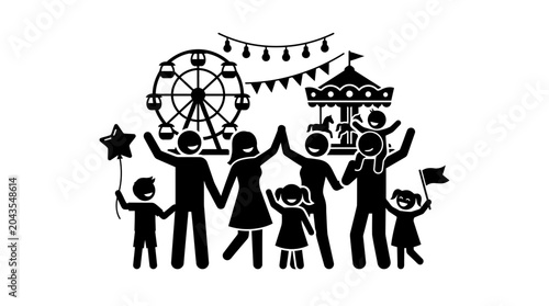 Fotografie A happy family of six enjoying a fun day out at a carnival fair.