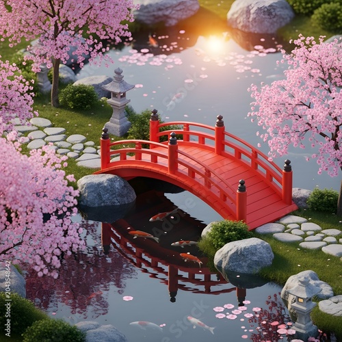 Serene Japanese Garden Bridge Landscape Scene.
