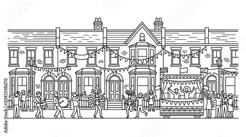 Canvas Print A lively street parade celebration featuring musicians and dancers in front of houses