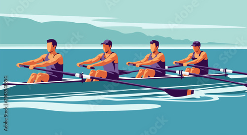 Cuadro en lienzo Team rowing boat vector illustration of athletes training on water in a synchron