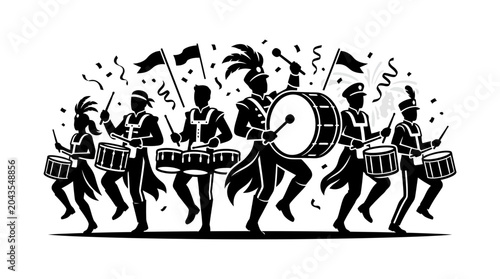 Photos A black and white silhouette illustration of a marching band performing with drums and flags