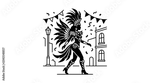 Obraz na płótnie A stylized black and white illustration of a Brazilian samba dancer in a feathered costume