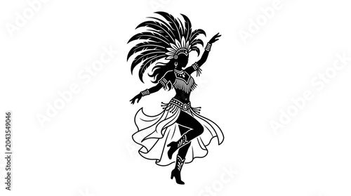 Billede på lærred Silhouette of a Brazilian carnival dancer wearing an elaborate feathered headdress and costume