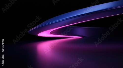 Abstract 3d render of a futuristic curved shape with glowing pink neon light against a dark background