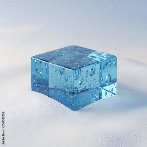 Clear ice cube with water drops.