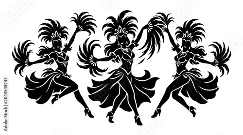 Obraz na plátně A black and white silhouette illustration of three samba dancers performing in elaborate feathered costumes